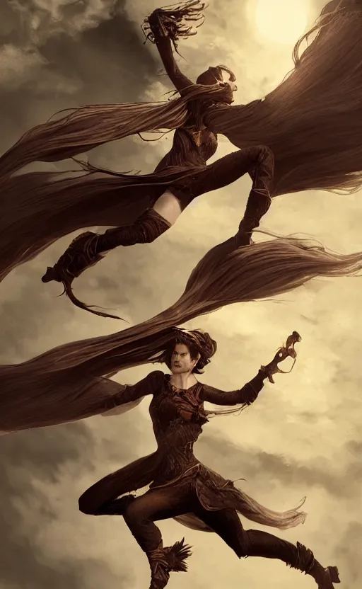 Prompt: photorealistic image of beautiful victorian female jumping gainer from a cliff fantasy warrior goddess, wind blown hair, seductive, confident, Neil Blevins, Frank frazetta, arney freytag, Magic the gathering,octane,