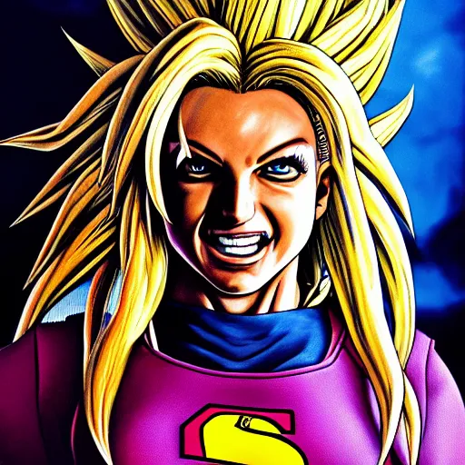 Image similar to ultra realistic portrait painting of britney spears as super saiyan, art by akira toriyama, 4 k, dragon ball artstyle, cel shaded, highly detailed, epic lighting