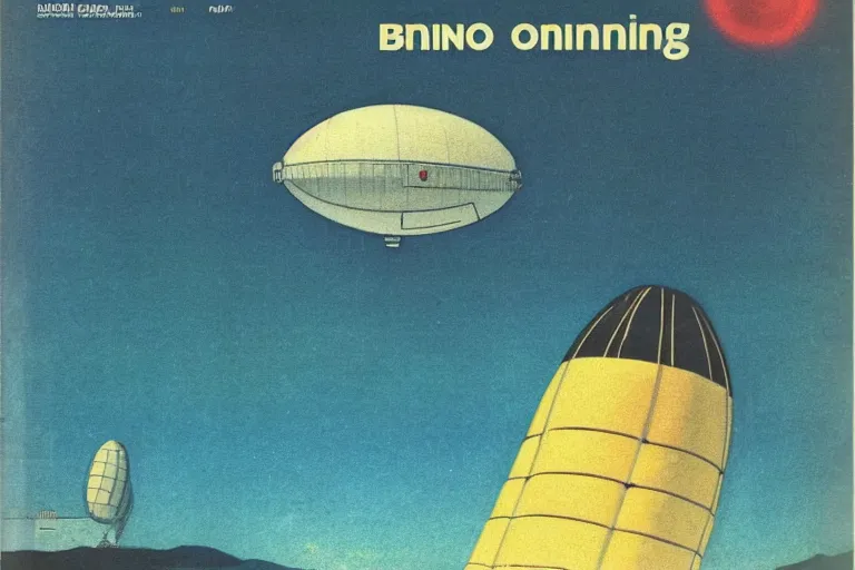 Prompt: 1 9 7 9 omni magazine cover of blimp with a floodlight searching over the water near tokyo. art in bladerunner 2 0 4 9 style by dali, and vincent di fate