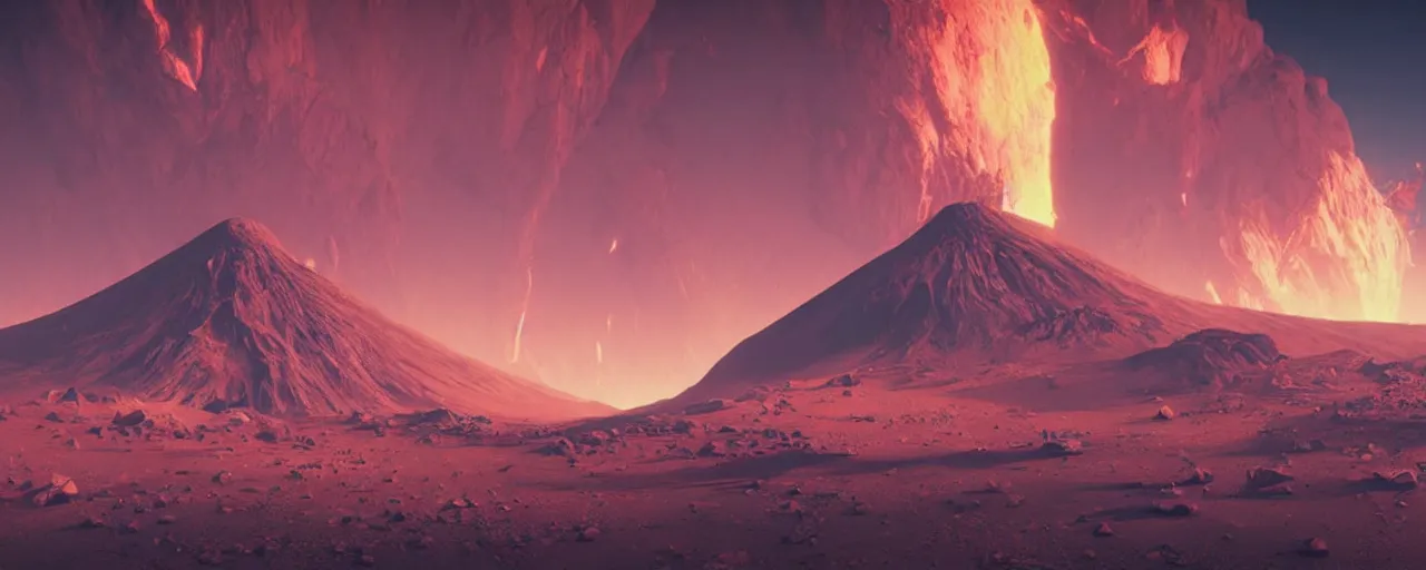 Prompt: a volcano in mars, synthwave'8 4, neon, surreal, 8 k uhd, unreal engine, octane render in the artstyle of finnian macmanus, john park and greg rutkowski