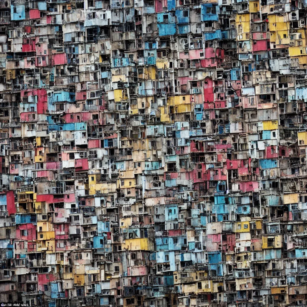 Image similar to close - up view of a tower made up of colourful makeshift squatter shacks with bleached colours, moody cloudy sky, dystopia, mamiya, f 1. 8, very detailed, photographed by bruno barbey