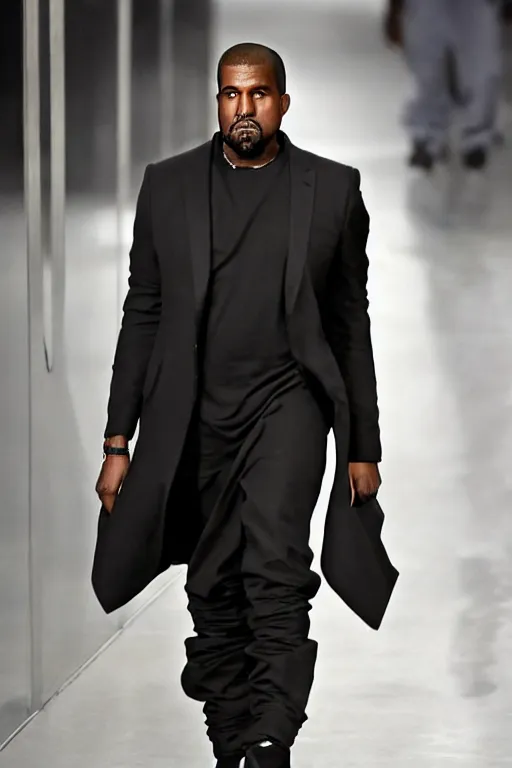 Prompt: kanye west wearing a suit made of skin, runway photo