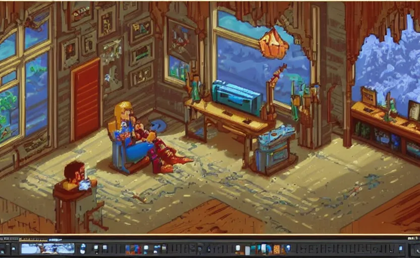 Prompt: 16-bit Pixel-art. Trending on artstation. Slice-of-life genre art. Fantastic colors and lighting by James Gurney and artgerm. Screenshot of Music to chill/study to youtube video. Character sitting and relaxing in front of their work desk in their cozy room as a peaceful scene is seen through the room's window.