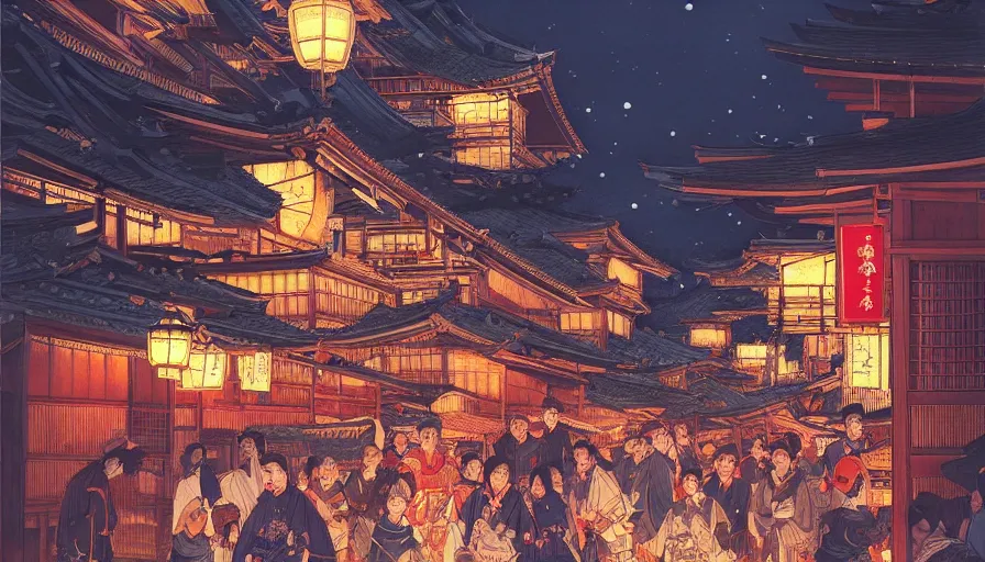 Image similar to edo era city festival near sea at night, beautiful lit lamps, 8 k highly detailed art, intricate, stanley lau, artgerm, artstation, smooth, far sho