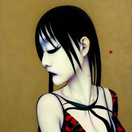 Image similar to yoshitaka amano blurred and dreamy realistic three quarter angle portrait of a young woman with black lipstick and black eyes wearing dress suit with tie, junji ito abstract patterns in the background, satoshi kon anime, noisy film grain effect, highly detailed, renaissance oil painting, weird portrait angle, blurred lost edges