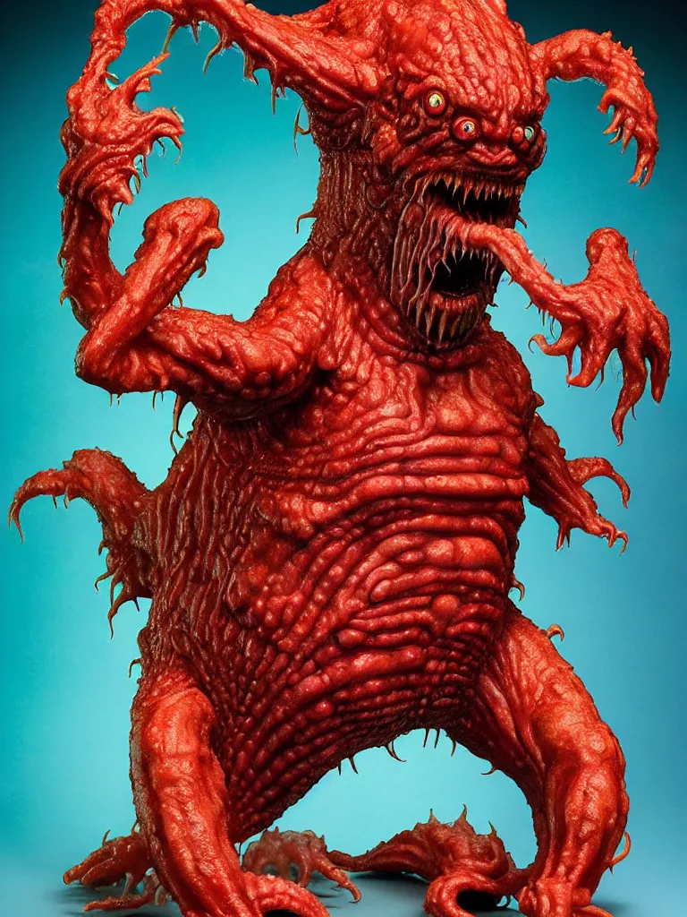 Image similar to hyperrealistic rendering, fat smooth wet cronenberg flesh monster smooth kaiju by art of skinner and richard corben and jeff easley, product photography, action figure, sofubi, studio lighting, colored gels