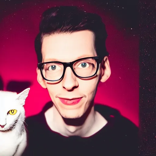 Prompt: portrait of neil cicierega without glasses holding his cat in the dark, red lighting on their faces, black background, nighttime, their right eyes are shining brightly like a star, it's dark, red color pallette, the background is black