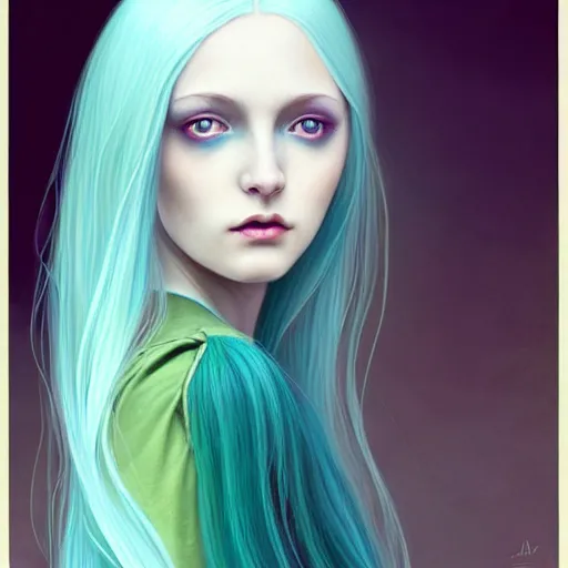 Image similar to portrait of girl with pale teal hair, luna moth, uniquely beautiful, fantasy, intricate, elegant, dramatic lighting, emotionally evoking symbolic metaphor, highly detailed, lifelike, photorealistic, digital painting, artstation, concept art, smooth, sharp focus, illustration, art by John Collier and Albert Aublet and Krenz Cushart and Artem Demura and Alphonse Mucha