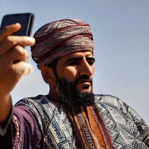 Image similar to a moroccan man looking down at his phone taking a selfie, serious face, not smiling, with a large double - chin showing