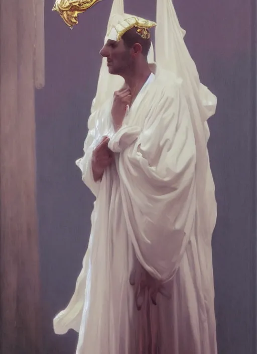 Prompt: an oil painting of a tall person in flowing white robes wearing a white venetian carnival mask standing in a hazy, gloomy, dark room, in the style of john singer sargent, greg rutkowski, maxfield parrish and alphonse mucha