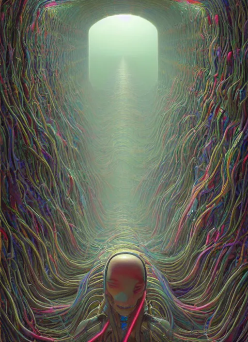 Image similar to A wall made out of eyes, flat, neon, RGB, glowing wires everywhere, pristine, by Edgar Maxence and Ross Tran, Zdzisław Beksiński, and Michael Whelan, gustav dore, H.R. Giger, 8k, octane render