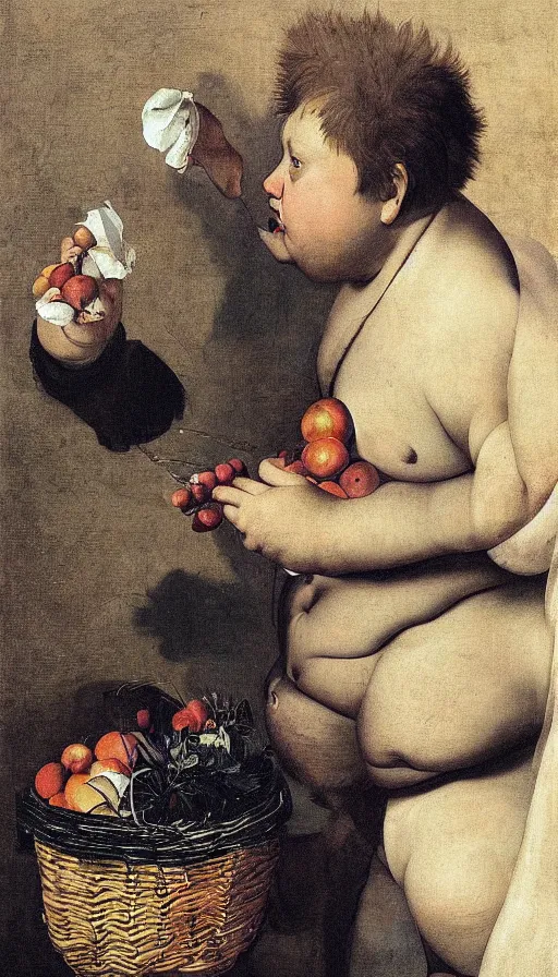 Prompt: hyperrealistic still life painting of a fat young man with a basket of ps4 controllers, by Caravaggio, botanical print