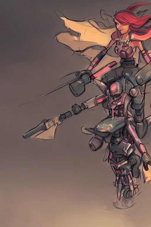 Prompt: Character concept art of a pretty girl riding on the back of a giant battlerobot