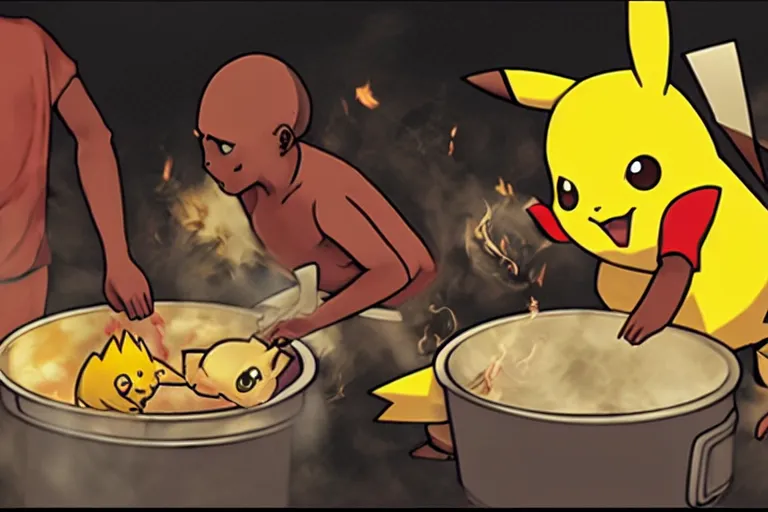 Prompt: pikachu getting cooked in a pot by african tribesmen, anime style