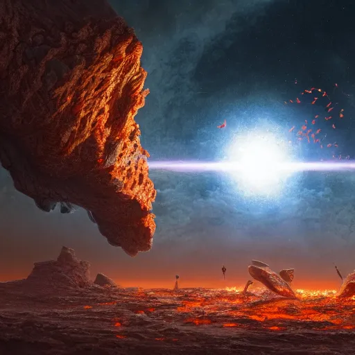 Prompt: Digital art of a meteorite containing an insect hive burning up in the atmosphere, Wayne Barlowe, Mike Winkelmann, Jessica Rossier 4k prehistoric geology space hubble