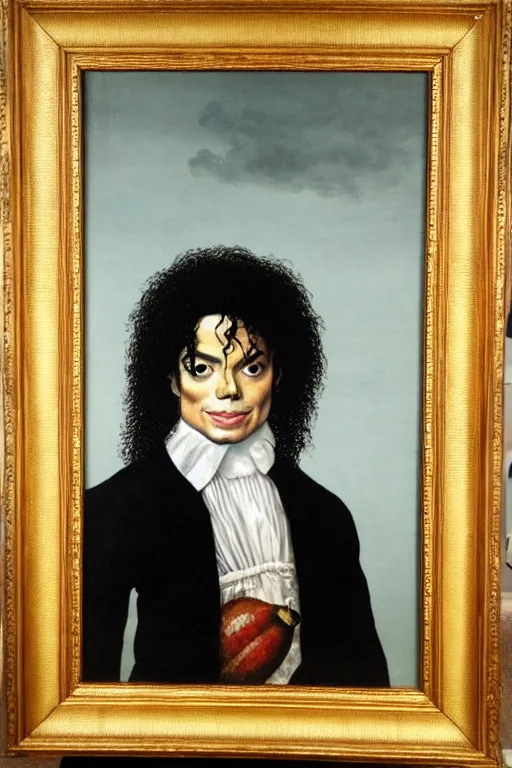 Prompt: a 1 6 0 0 s framed portrait painting of michael jackson holding a large pickle, intricate, elegant, highly detailed