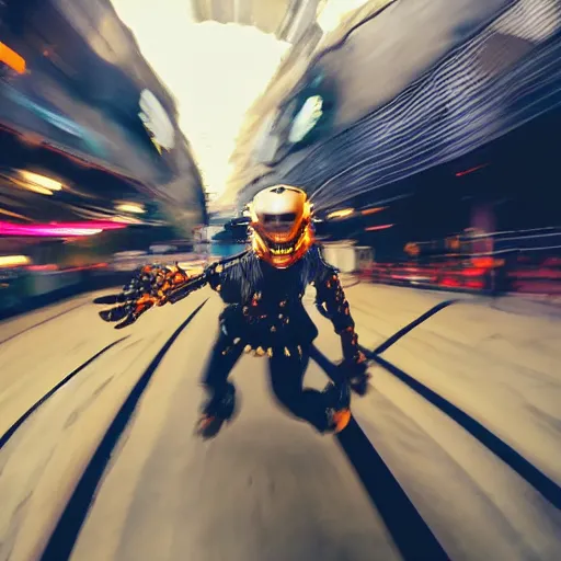 Image similar to gopro pov of a woman warrior wearing intricate biomechanical scifi cyberpunk helmet running motion blur