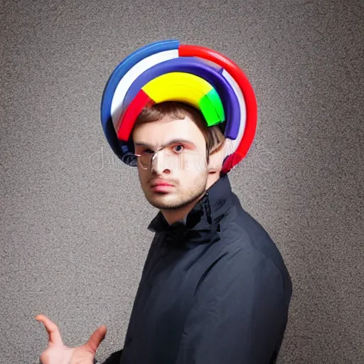 Image similar to man wearing car wheel on head as hat stock photo