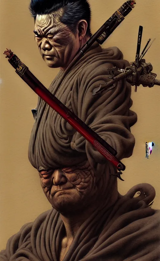 Image similar to portrait of zatoichi in the style of wayne barlowe, gustav moreau, peter mohrbacher, bussiere, roberto ferri, santiago caruso, luis ricardo falero, austin osman spare, boris vallejo, hajime sorayama