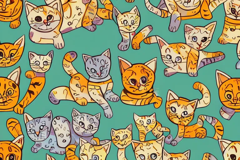 Prompt: beautiful art illustration of a group of happy cats by tony healey, highly detailed, seamless pattern, tiling