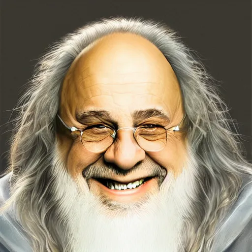 Image similar to portrait danny devito as gandalf, deviantart, smile, ultra realistic illustration, final fantasy, high quality, full color