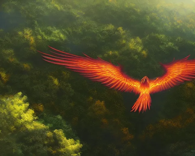 Prompt: a phoenix flying over a forest, wide, matte painting, digital illustration, very vibrant colors, soft lighting, adventurous, atmospheric lighting, 8K, octane render. By Makoto Shinkai, Stanley Artgerm Lau, WLOP, Rossdraws, James Jean, Andrei Riabovitchev, Marc Simonetti, krenz cushart, Sakimichan, D&D trending on ArtStation, digital art.