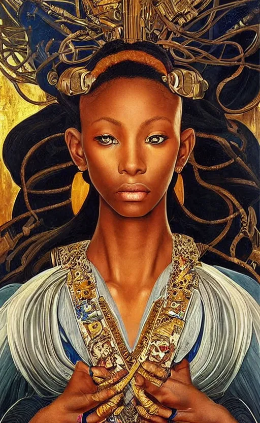 Image similar to beautiful mural painting of a young african cyborg princess muse, dazzling glowing eyes, elegant, striking composition, highly detailed ornate sci fi background, highly detailed, beautiful composition, painting in the style of sandro botticelli, caravaggio, albrecth durer