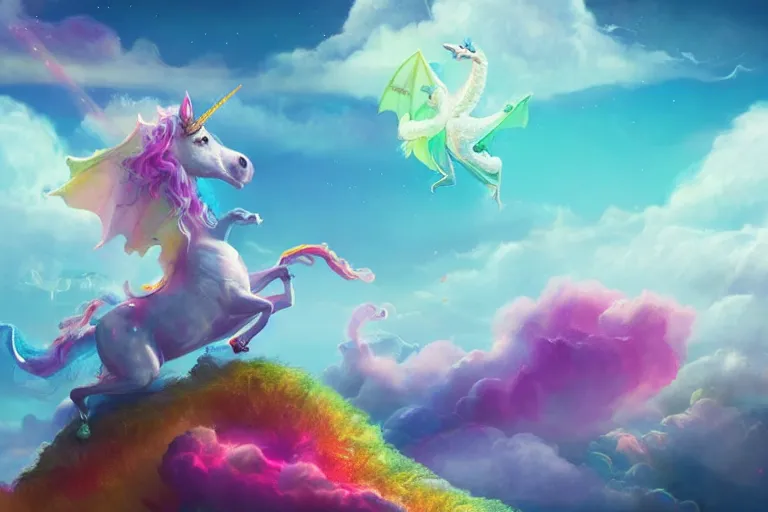 Prompt: a dreamscape with candy in the sky and a dragon riding a unicorn, artstation, cgsociety, 4K