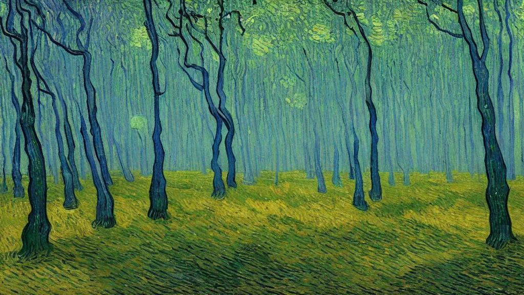 Prompt: A Vincent van Gogh oil painting of a hauntingly beautiful elven forest in the morning; rays of light coming through the canopy; trending on artstation; extraordinary masterpiece!!!!!!; 8k