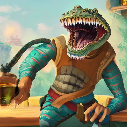 Prompt: raucous laughing crocodile bandit at a bar, overwatch, studio ghibli, ultra detailed, digital painting, trending on artstation, colorful, cinematic, concept art