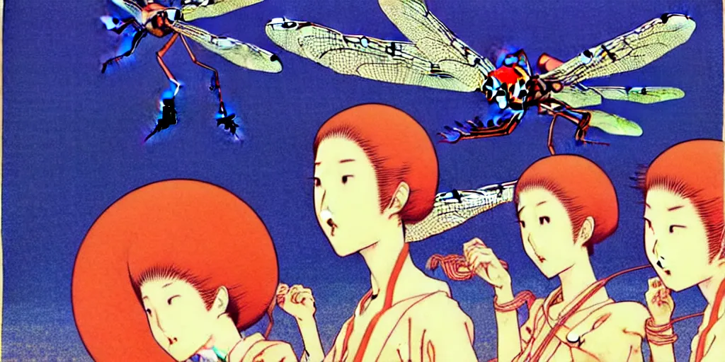 Image similar to gigantic dragonflies with human faces catch tiny robots, a lot of exotic mechas robots around, human heads everywhere, risograph by kawase hasui, edward hopper, satoshi kon and moebius, no text!, colorful flat surreal design, super - detailed, a lot of tiny details, fullshot