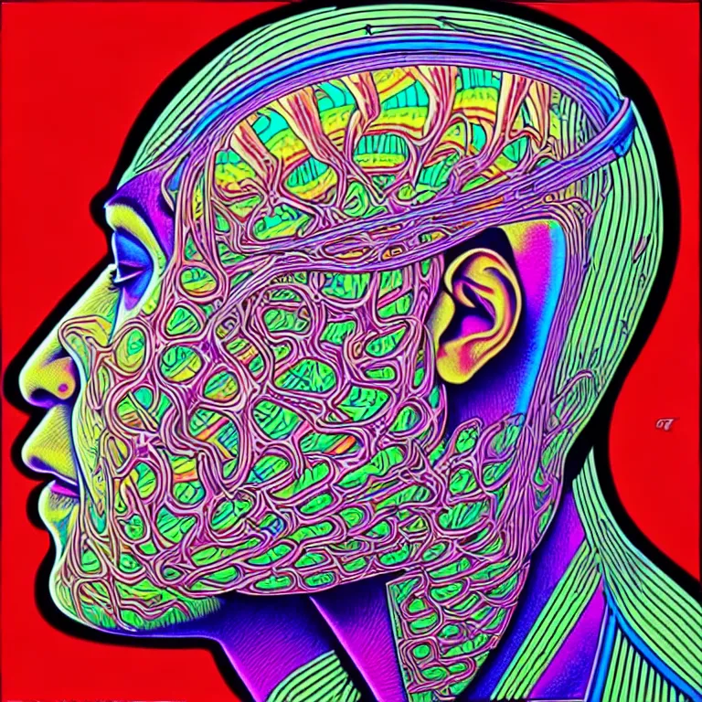 Image similar to rapping into microphone, epic angle, profile view, psychedelic hip hop, illustrated by Alex Grey