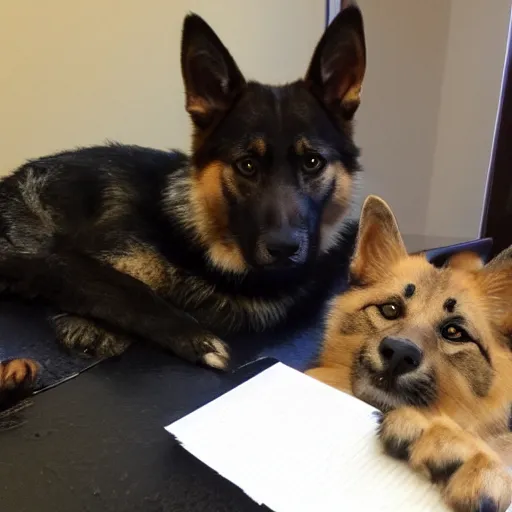 Prompt: my tabby cat helping my GSD dog write an email to list grievances about not getting enough treats, they are very serious, serious business