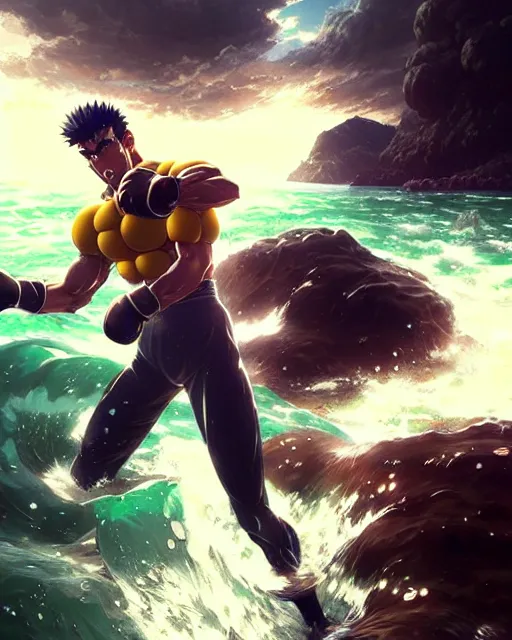 Image similar to gigachad luigi punching like saitama wearing a suit in the ocean, fantasy character portrait, ultra realistic, anime key visual, concept art, intricate details, highly detailed by greg rutkowski, ilya kuvshinov, gaston bussiere, craig mullins, simon bisley