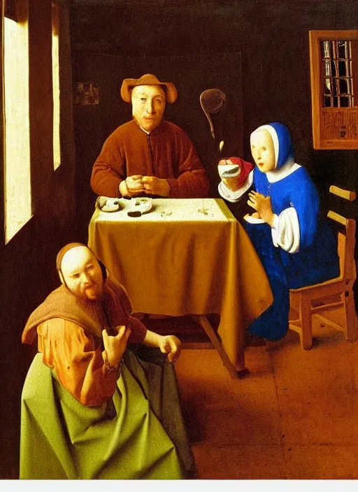 Image similar to young man at the table with young pretty blonde girl at the crowded tavern in the evening. medieval painting by jan van eyck, johannes vermeer