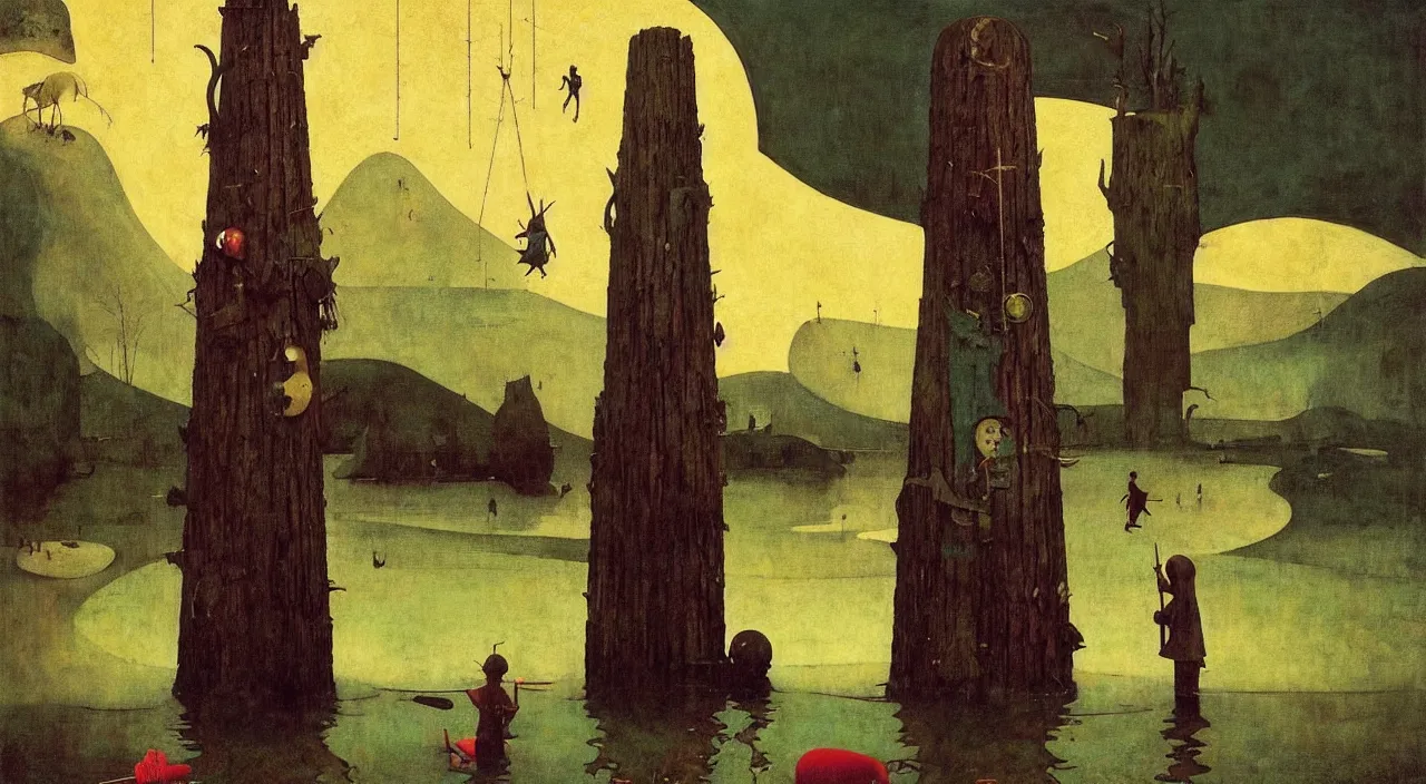 Prompt: single flooded simple!! wooden totem!! pole, very coherent and colorful high contrast masterpiece by norman rockwell franz sedlacek hieronymus bosch dean ellis simon stalenhag rene magritte gediminas pranckevicius, dark shadows, sunny day, hard lighting