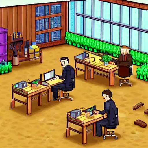 Image similar to “office workers sitting in their desks wearing suits in the style of stardew valley”