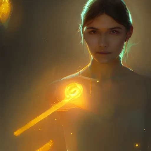 Prompt: Girl who holds with both hands Citrine natural gemstone, optical caustic lighting, 8k, rendred in redshift, by Greg rutkowski, trading on artstation