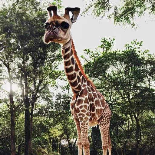 Image similar to a Giraffe-Pug Hybrid, A Giraffe that looks like a pug, huge tusks, afternoon hangout, good times photograph, candid