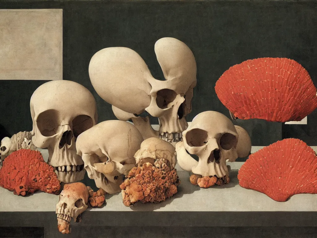 Image similar to Still life with skull corals, skull conch shell, white cloth, lily, skull water cup. Painting by Piero della Francesca, Zurbaran, Morandi