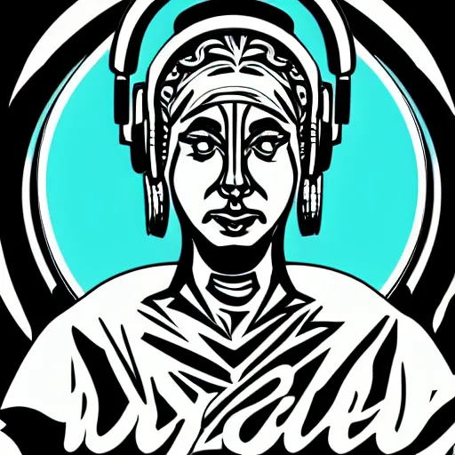 Image similar to svg vector sticker of absolutely divine-deity-angel, rocking out, wearing headphones, huge speakers, dancing, rave, DJ, spinning records, digital art, amazing composition, rule-of-thirds, award-winning, trending on artstation, featured on deviantart, uncropped, white-space, far-back, complete-subject