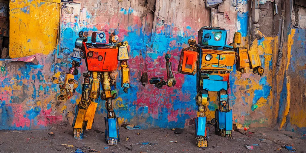 Image similar to colourful giant mecha ROBOT of AJEGUNLE SLUMS of Lagos, writings and markings on robot, Golden hour,