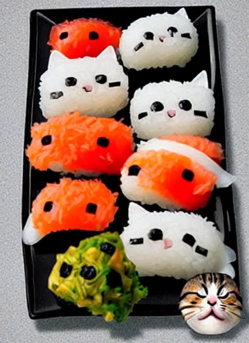 Image similar to clear photorealistic picture of adorable cats made out of sushi. some cats eating the sushi