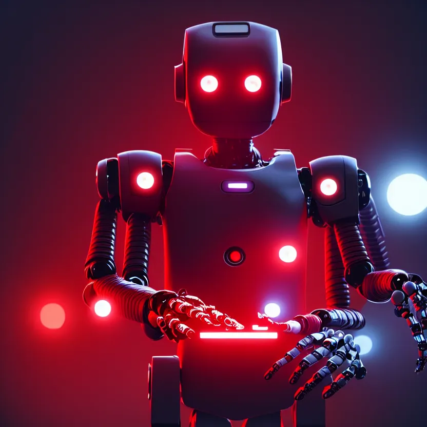 Prompt: a film still of a robot with red eyes playing video games, cool, photo, realistic, hd, intricate details, cyberpunk, dark, award - winning cinematic lighting, beautiful, 1 6 k