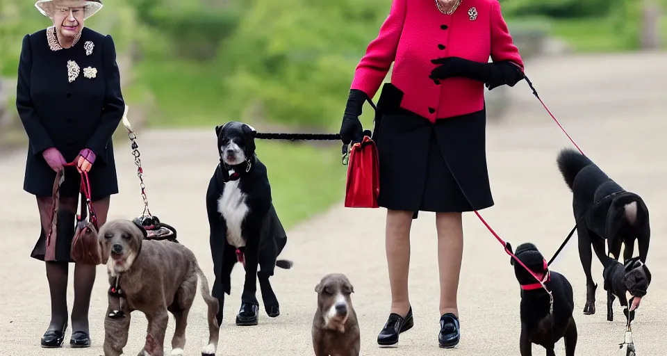 Prompt: the queen wearing a dog collar walking her dogs