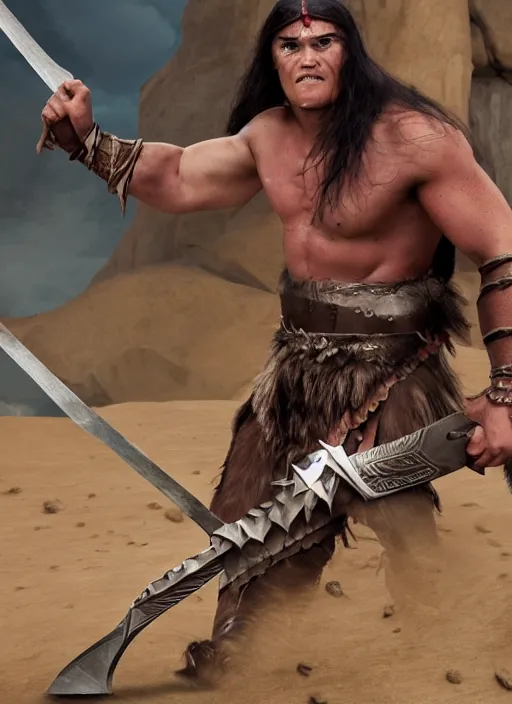 Prompt: teenage conan the barbarian leans on his sword. smirking arrogantly. sleeping monster on ground. desert background. digital art. animated feature. 3 d animation. in the style of pixar, jeff pidgeon, glenn mcqueen, and tony fucile.