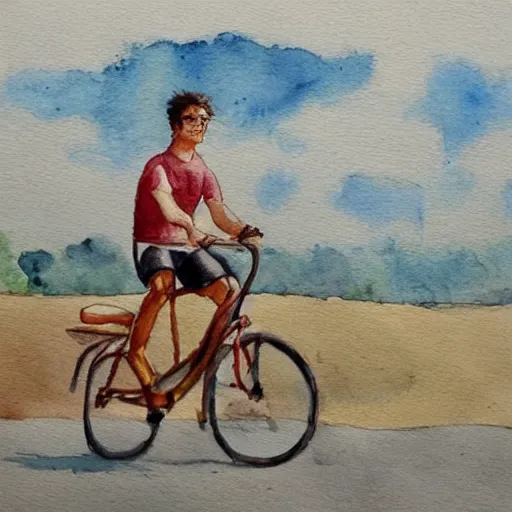 Prompt: person riding a bike on a hot summer day, watercolor painting, morandi color palette, very beautiful masterpiece by a very talented artist, extremely detailed stunning, dreamy, melancholy , poetic, nostalgic