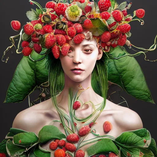 Image similar to the portrait of an absurdly beautiful, graceful, elegant, sophisticated woman made of strawberries and green petals, an ultrafine hyperdetailed illustration by kim jung gi, irakli nadar, romanticism, intricate linework, bright colors, octopath traveler, final fantasy, unreal engine 5 highly rendered, global illumination, radiant light, detailed and intricate environment