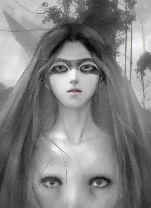 Prompt: close up of a veiled half scull mask girl on the ruins temple, fingers on lips, looking at the camera very curiously, smog on the floor, extremely beautiful and aesthetic and attractive detailed face and body, intricate, chiaroscuro, model pose, fantasy illustrations, light novel cover art, by makoto shinkai and jeremy lipking and ferdinand knab