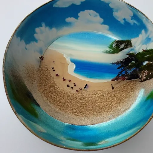 Image similar to a beach and ocean and sky in a ceramic bowl, hyper realistic, highly detailed, photorealism, microcosm, diorama